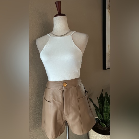 High waisted faux leather shorts in tan - Picture 9 of 10